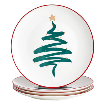 Swuut Christmas Holiday Bone China Dinner Plates - Dessert Plates - Salad Plates Set of 4Dishwasher Safe (Tree 10 inch)