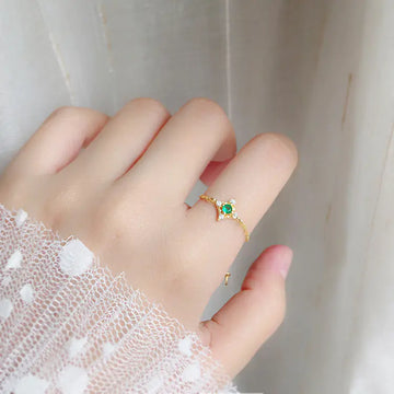 S925 Silver Adjustable Chain Ring with Emerald and Ruby