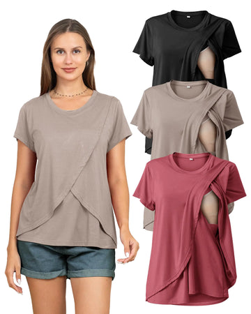 Rnxrbb 3 Pack Womens Nursing Tops for Breastfeeding Summer Short Sleeve T Shirts Postpartum Double Layer ClothesBlack&Beige&Deep Pink M
