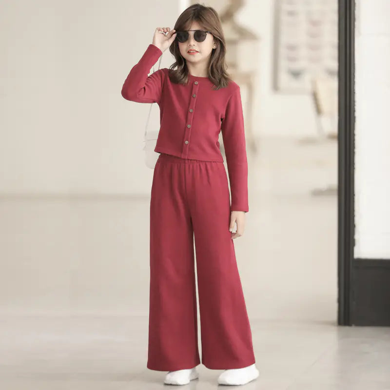 Girls' Two-Piece Set - Solid Color Casual Warm Pants
