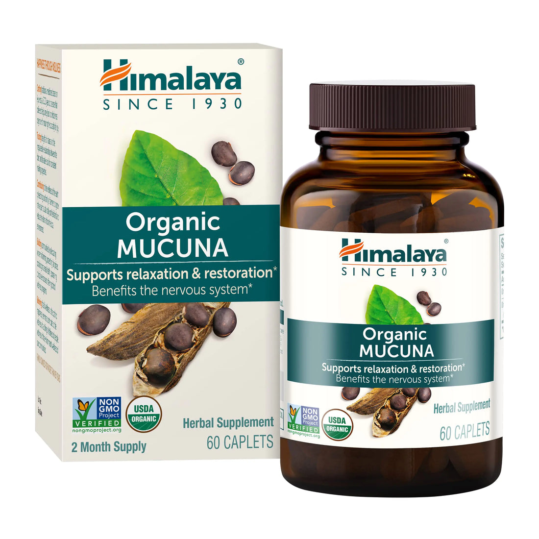 Himalaya Organic Mucuna/Pruriens Herbal Supplement Supports Relaxation Tension Relief Brain Function Non-GMO USDA Organic Vegan Gluten Free 600 mg 60 Plant-Caplets 60 Day Supply