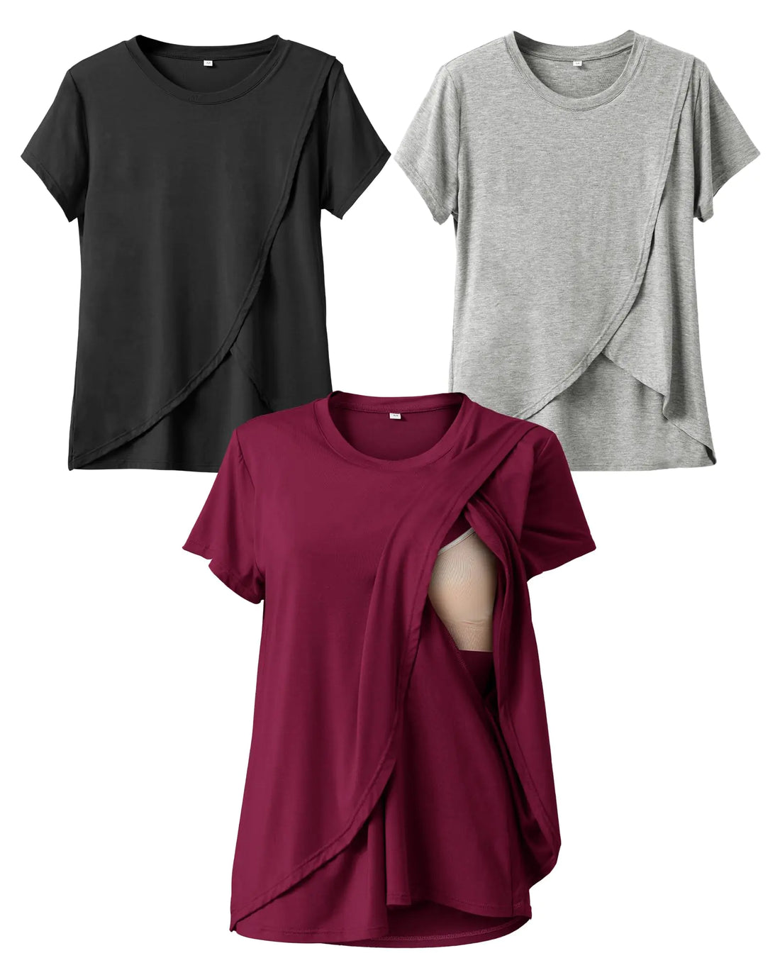 Rnxrbb Summer Maternity Nursing Shirts for Breastfeeding Tops Short Sleeve Postpartum Sets Clothes 3 Pack for WomenBlack&Light Gray&Purple red XS