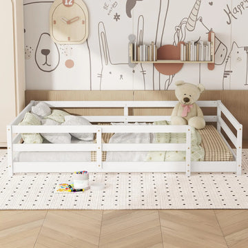 Full Floor Bed with Rails Wood Montessori Floor Bed Full Size Full Size Floor Bed with Fence Full Size Montessori Bed White