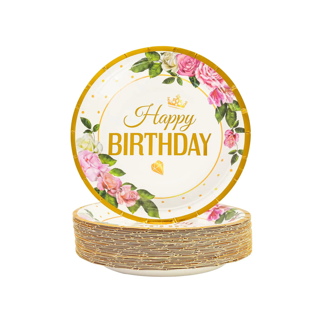 LDFDRT Happy birthday Rose Paper Plates 50 Pack Party Supplies 7inch Flower Party Dessert Plates Round Plates Birthday Baby Showers Wedding Party Decorations