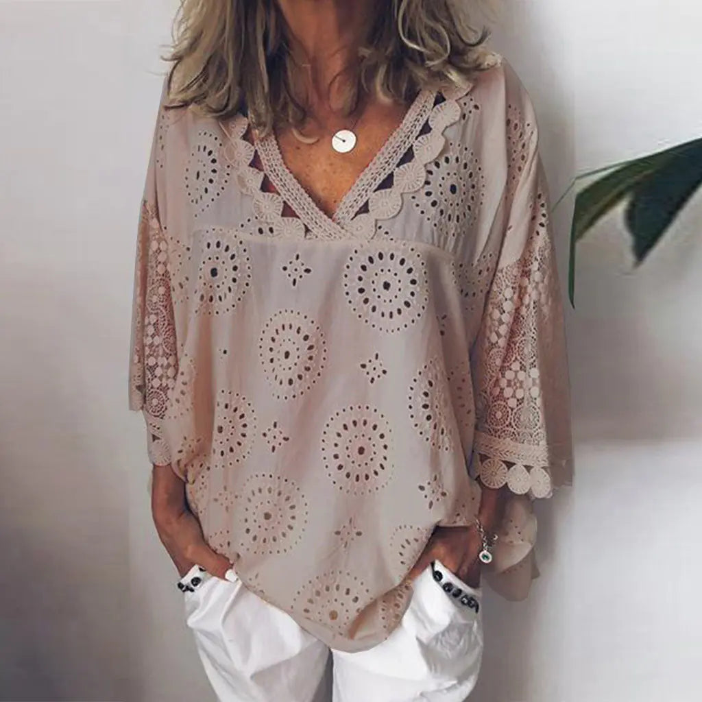 Lace Trim Embroidered Blouse with Loose V-Neck Design