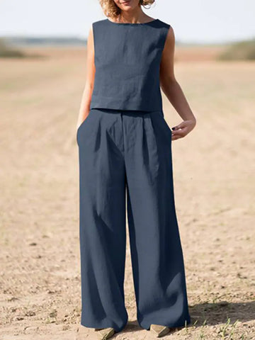 Cotton Linen Short Sleeve Top and Pants Set