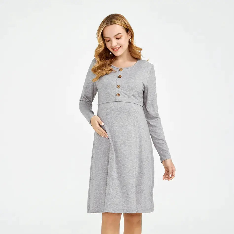 Maternity Crew Neck Button Down Nursing Pullover Dress