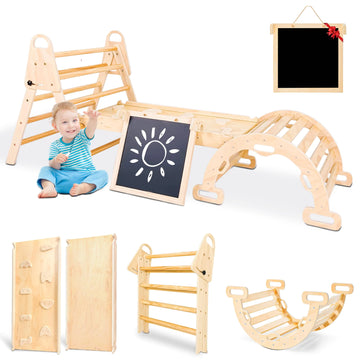 Vinworlf 8 in 1 Pikler Triangle Set Foldable Baby Climbing Toys Montessori Climbing Set with Arch&Ramp&Ladder&Whiteboard Baby Climber Indoor Jungle Gyms for Toddlers Montessori Toys - Large Size.