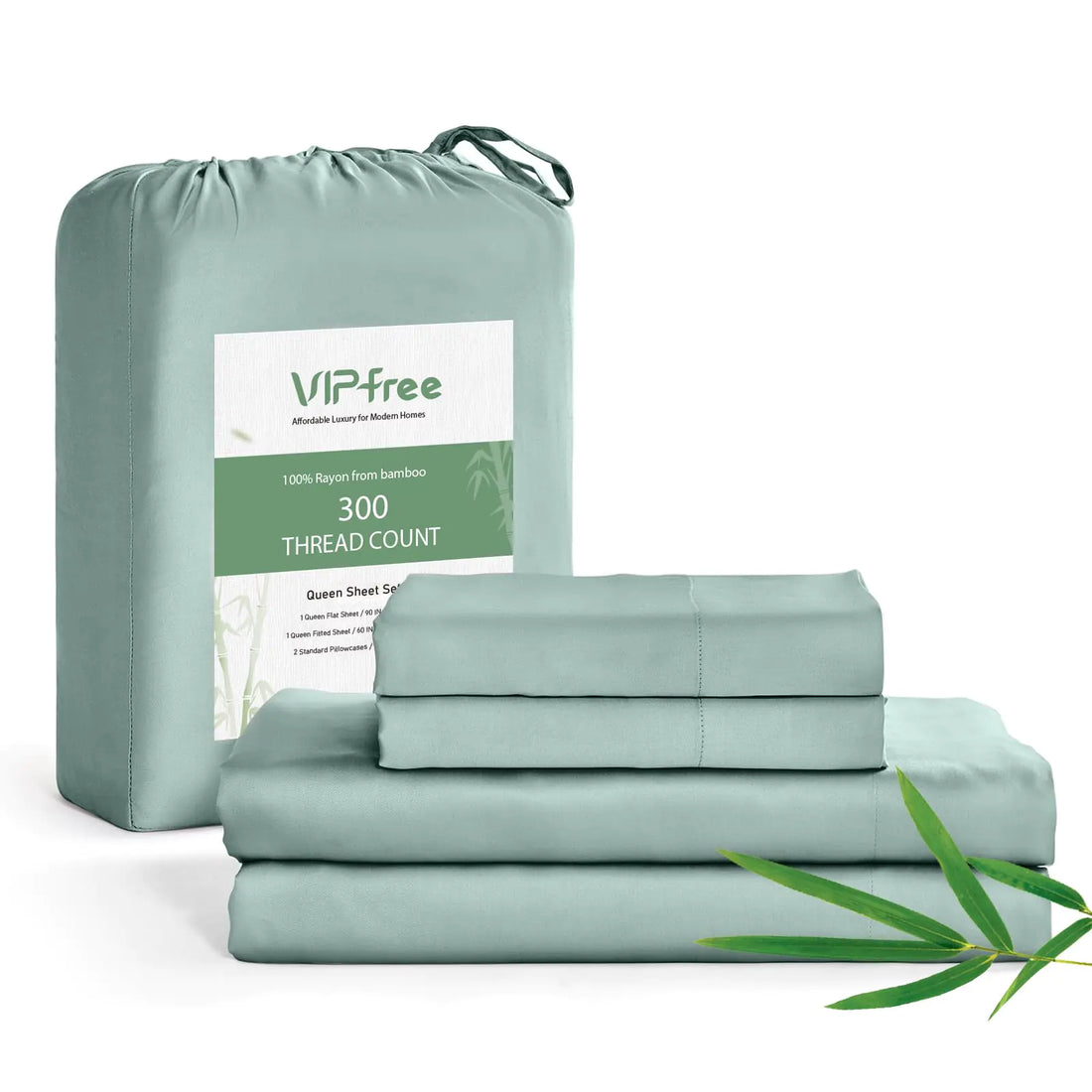 Vipfree Queen Sheet Set 100% Rayon Derived from Bamboo 4-Piece 16 Inch Deep Pockets Cooling Sheets for Queen Size Bed Set Breathable & Silky Soft Hotel Bedding Sheets & Pillowcases Sage Green