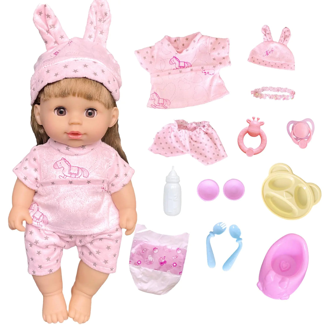 Huang Cheng Toys 9 PCS 10 inch Doll Baby with 12 inch Clothes Lovely Newborn Doll Hairband Shoes 1 The Carpet with Lovely Design Plate Spoon for Kid