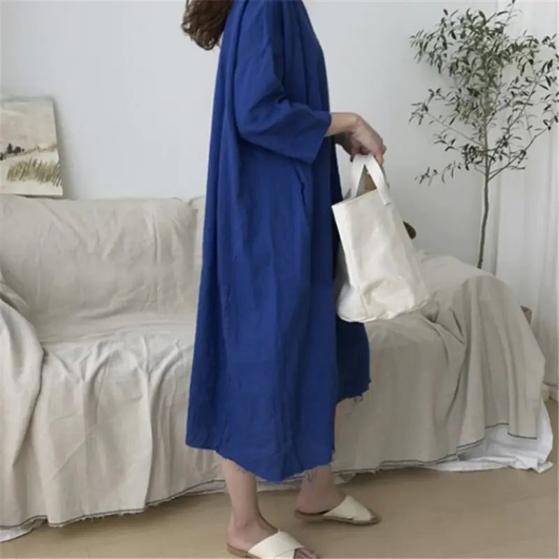 Korean Chic Loose Cotton Linen Dress with Frayed Edges