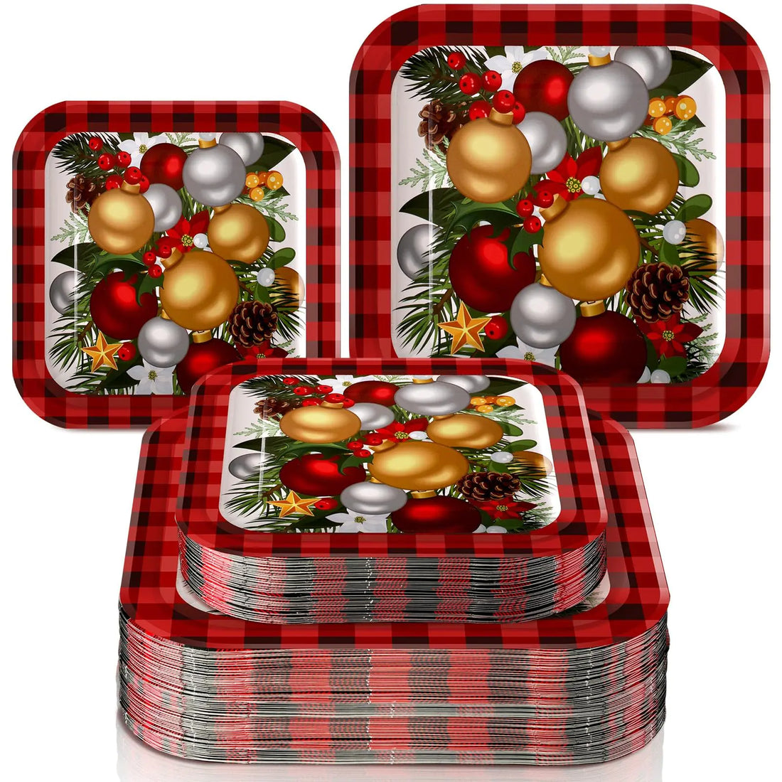Umigy 100 Pcs Xmas Paper Plates Christmas Dessert Plates Christmas Disposable Paper Plates 9 Inches 7 Inches Square Dinner Plates Set for Winter Holiday Party Supplies (Red and BlackBalls)
