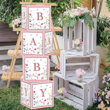 Wildflower Baby Shower Decorations for Girl Floral Baby Boxes with Letters for Baby Shower 4Pcs Baby Balloon Boxes Baby Blocks for Baby Shower Gender Reveal Birthday Party Backdrop Centerpieces Pink