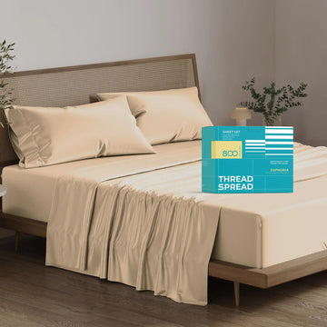 THREAD SPREAD 100% Egyptian Cotton Sheets Queen Size - 800 High Thread Count Sheets Queen 6 PC Luxury Hotel Sheets for Queen Size Bed 16" Deep Pocket Sateen Weave Soft Cooling Bedding Sets - Taupe