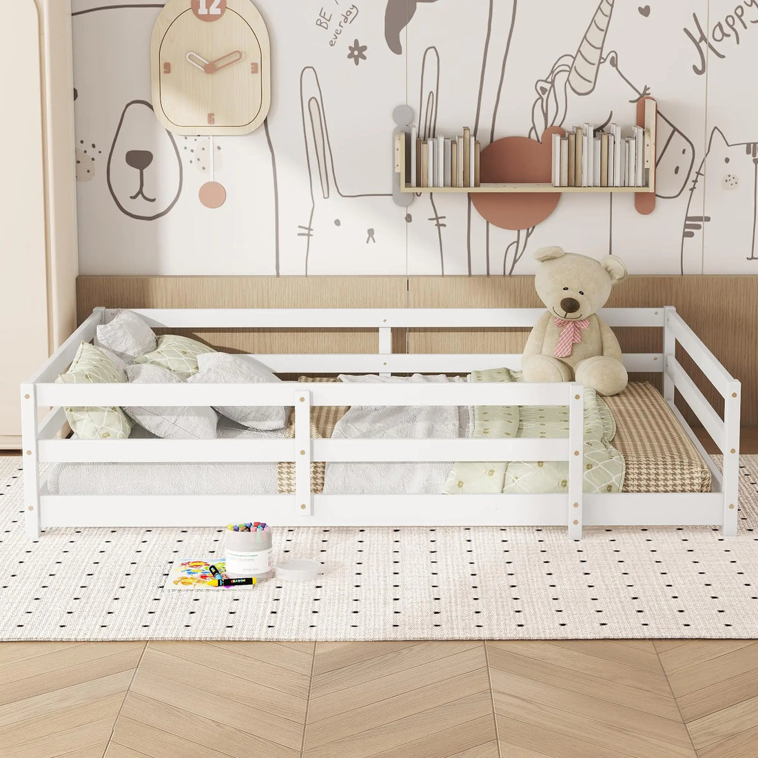Full Floor Bed with Rails Wood Montessori Floor Bed Full Size Full Size Floor Bed with Fence Full Size Montessori Bed White