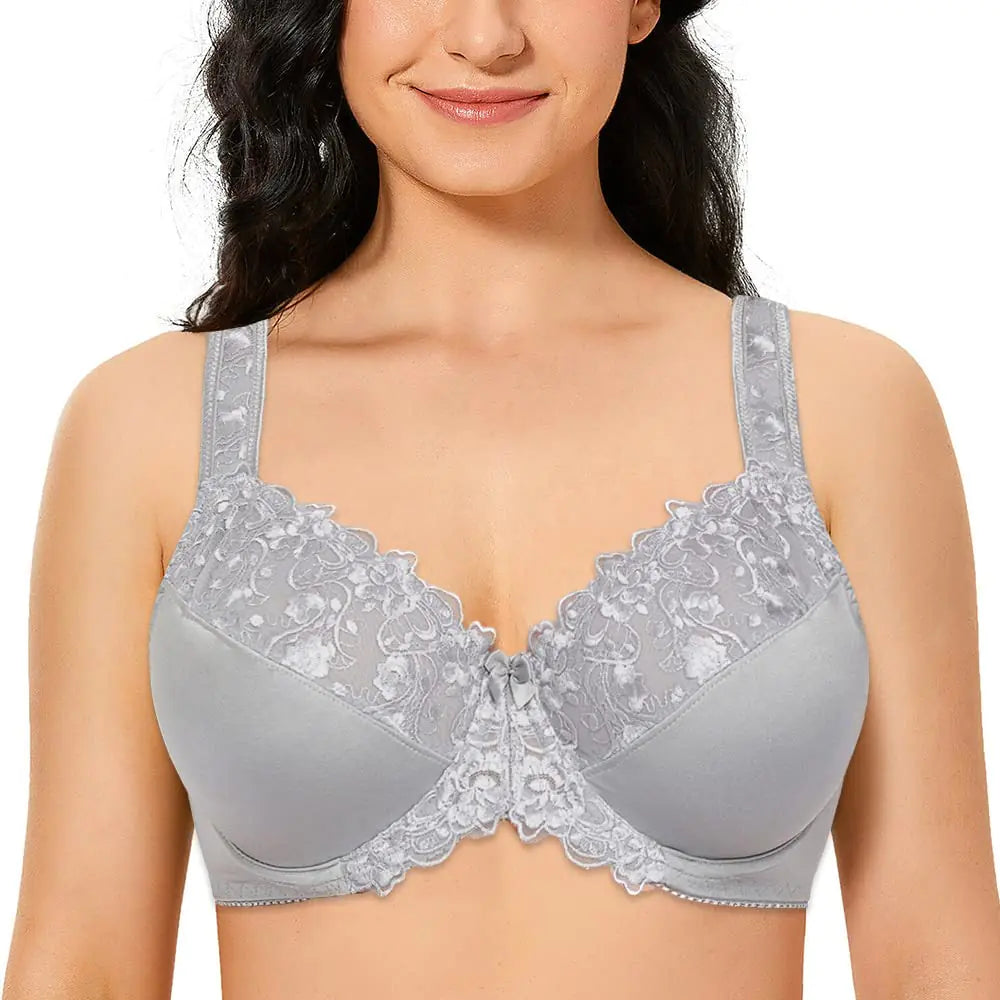 TELIMUSSTO Womens Full Coverage Floral Lace Underwired Bra Plus Size Non Padded Comfort Bra 34I Grey