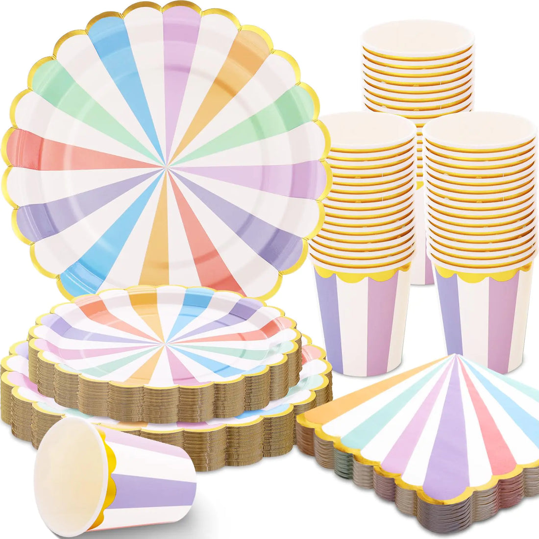 200 PCS Pastel Plates Happy Birthday Plates Scalloped Paper Plates Serve 50 Guests Pastel Party Plates for Birthday Baby Shower Pastel Party Decorations