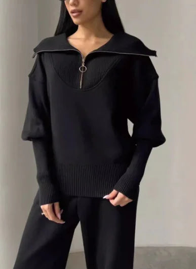 Comfortable Lounge Wear - Solid Color Zip Hoodie Set