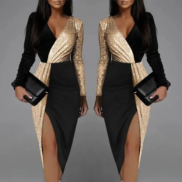 Elegant Black Deep V-Neck Bodycon Dress for Women