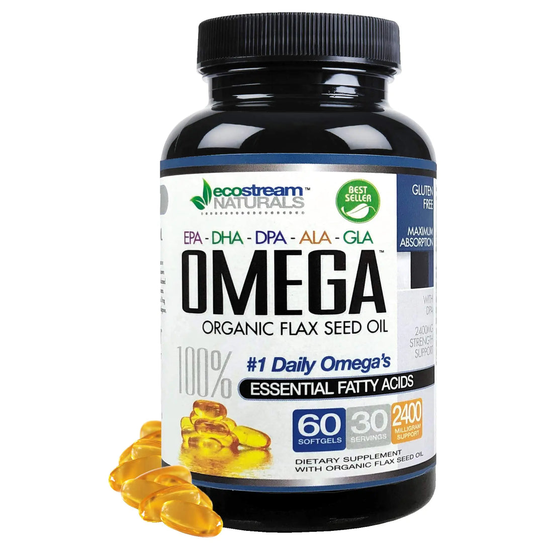 Omega 3-6-9 Blend with DPA EPA DHA ALA and GLA and Organic Flax Seed Oil Over 2800 Milligram Strength - Gluten Free - Made in The USA - 60 SoftGels