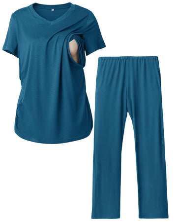 Rnxrbb V Neck Nursing Pajamas Set Postpartum Pjs Breastfeeding sleepwear for Women with Pockets 2 PackDeep Blue-S