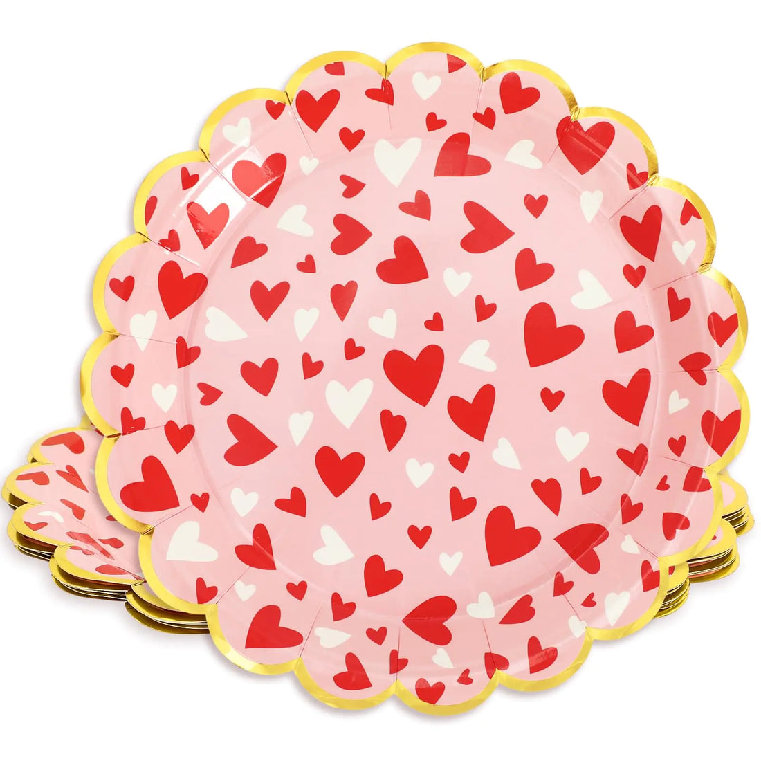 JarThenaAMCS Valentines Day Paper Plates Pink Red Heart Disposable Plates Gold Foil Scalloped Edge Dinnerware Plates 9 Inch for Holiday Party Supplies Table Decor 24Pcs