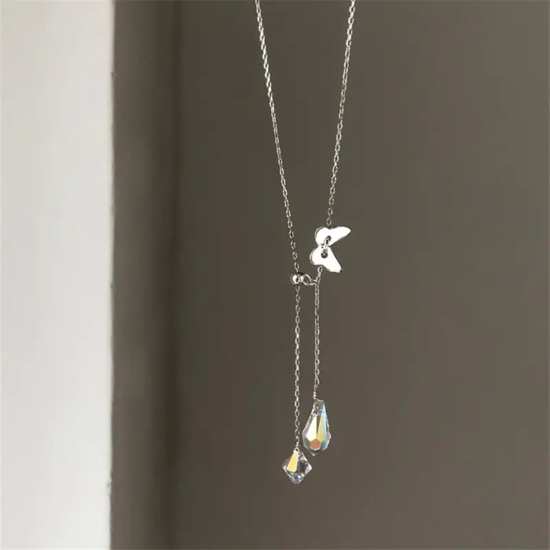 925 Silver Butterfly Waterdrop Tassel Necklace for Women
