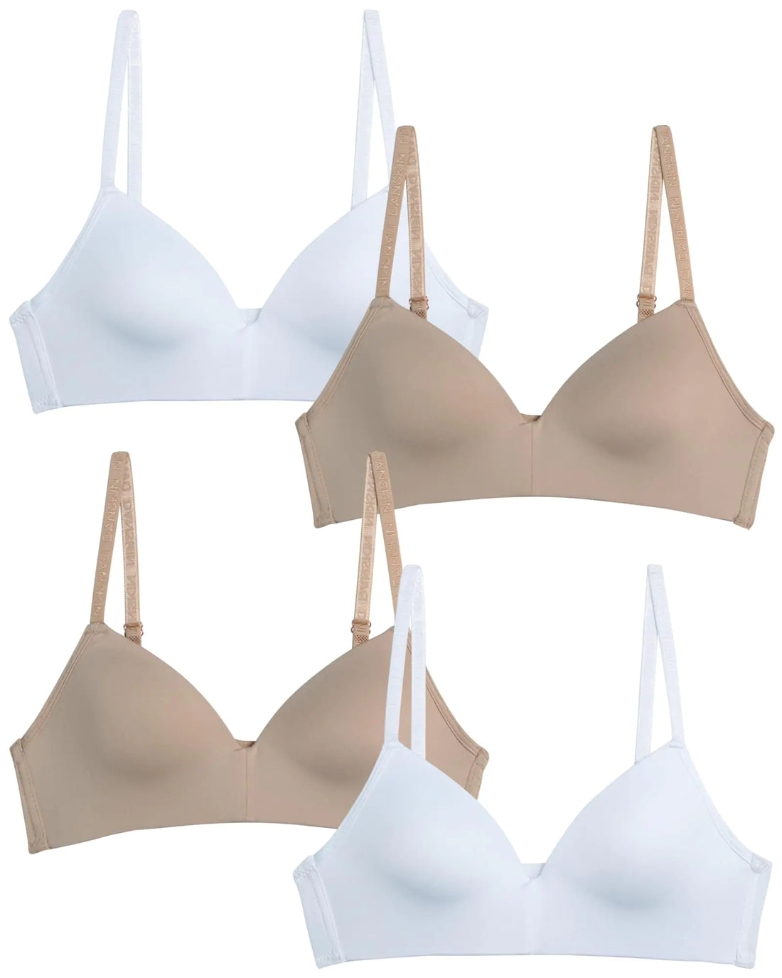 Danskin Girls Training Bra - 4 Pack Wire-Free Molded Rib A-Cup Bralettes - Soft Microfiber Bras for Teens (Sizes: 30A-36A) Size 36A Tan/White - Molded