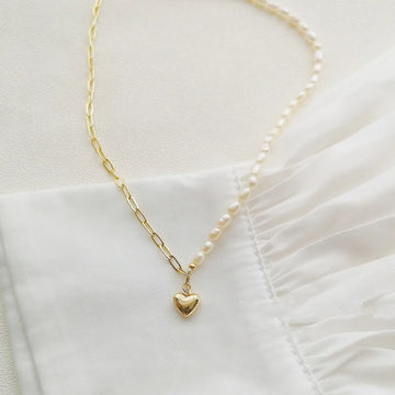 14K Gold Heart Pendant with Freshwater Pearl Necklace
