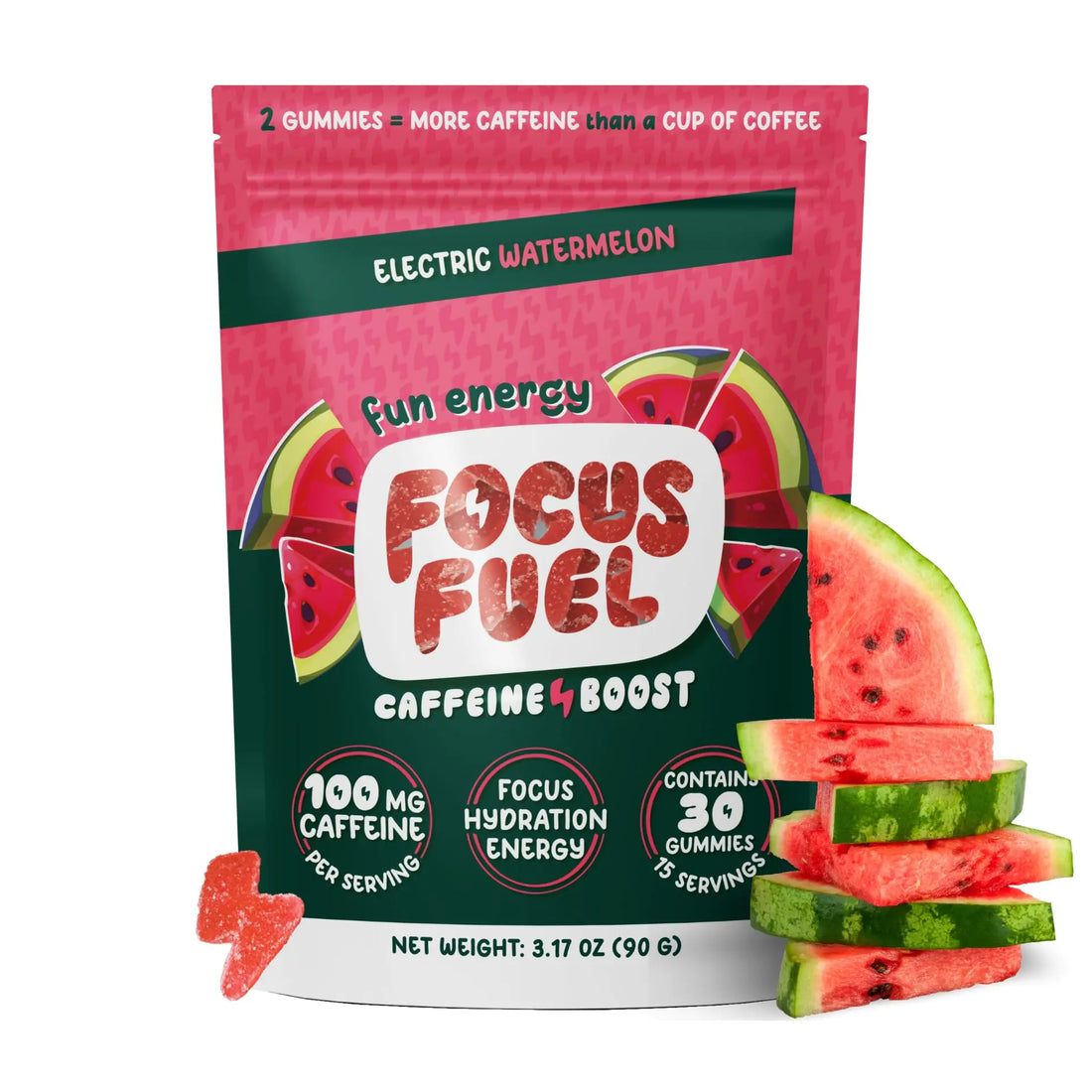 FocusFuel Energy + Focus Gummy 100mg Caffeine per 2 Gummies Includes B12 Magnesium Electrolytes All-Natural Ingredients for On-The-Go No Jitters or Crash (Watermelon Flavor - 30 Chews 3.17oz)