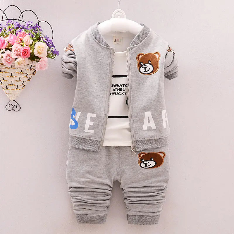 Kid's Spring Autumn Cartoon Bear 3-Piece Outfit Set
