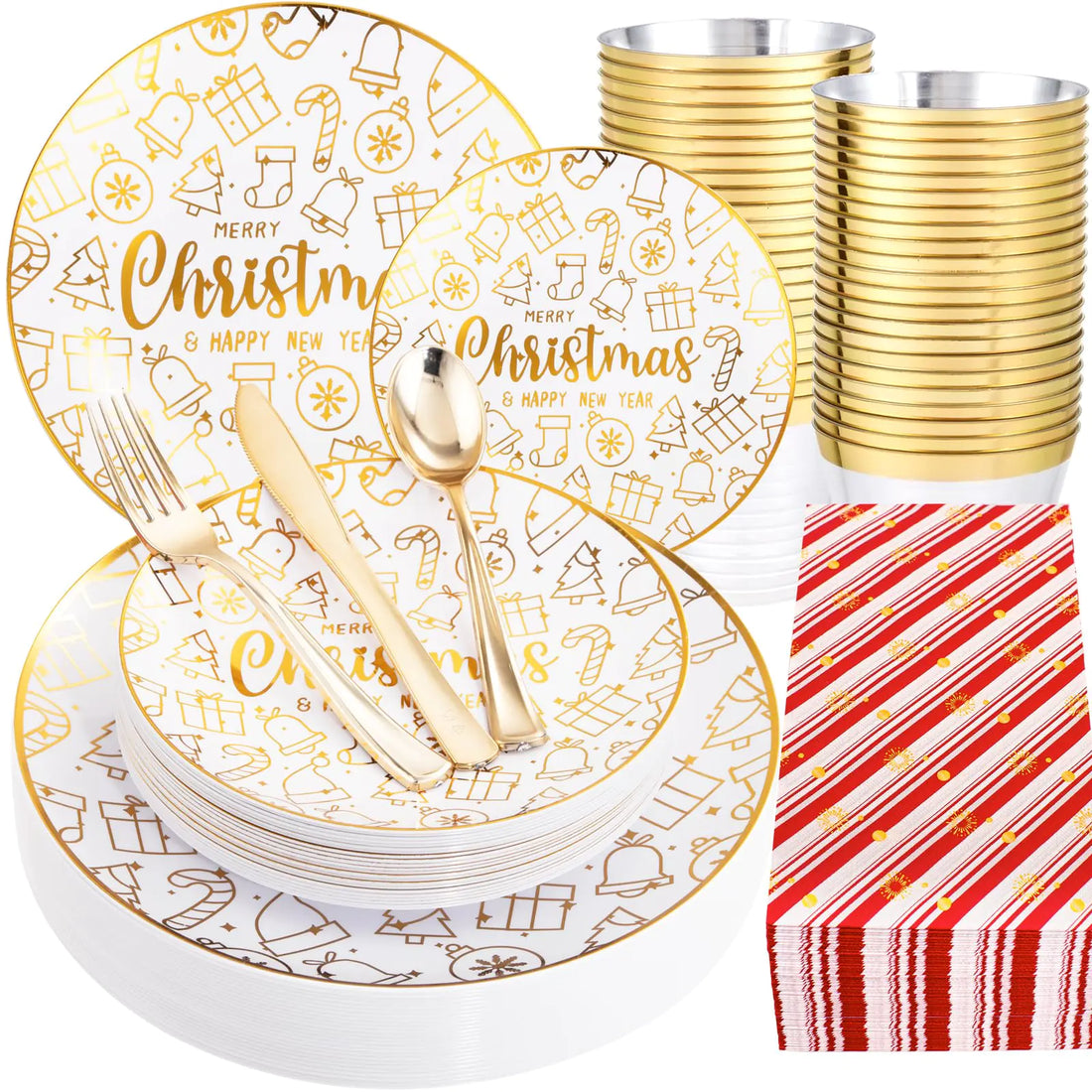 Nervure 175PCS Christmas Plates - White and Gold Disposable Plates Include 25Dinner Plates 25Dessert Plates 25Forks 25Knives 25Spoons 25Cups 25 Napkins Perfect for Christmas