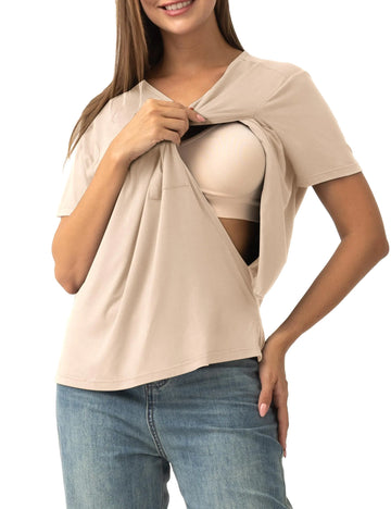SUNNYBUY Womens Nursing Tops Breastfeeding Cover Short Sleeves Maternity Tee Shirts Double Layer Postpartum Clothes Apricot S