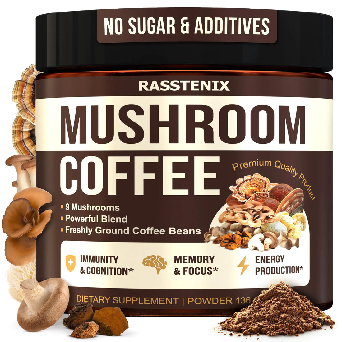 Rasstenix Mushroom Coffee Organic - 9 Mushroom Adaptogen Mix - Lions Mane Chaga Turkey Tail Reishi Shiitake - Instant Mushrooms Coffee for Gut Health Energy Mental Clarity - 60 Servings