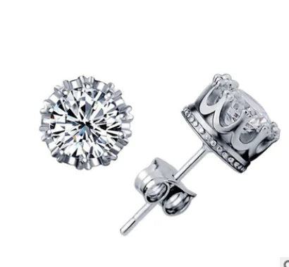 Korean Crown Stud Earrings Diamond Studded Wholesale Alloy Jewelry Zircon Earrings Women Allergy Silver Stud Earrings