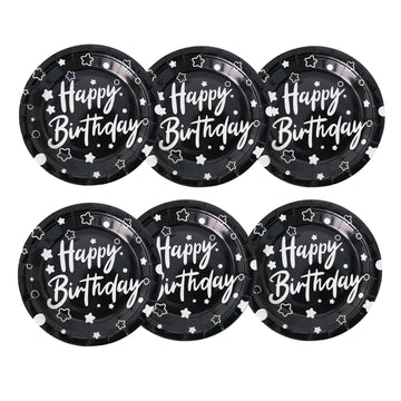 120 Pcs 7 Inch Happy Birthday Party Paper Plates Disposable Dessert Plates Birthday Cake Plates Foil Polka Dots Paper Plates for Birthday Party Decorations Favors Supplies (Black)