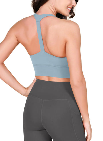 ODODOS ODLEX Halter Sports Bra for Women Padded Wirefree Y Racerback Workout Yoga Bra Chambray Small