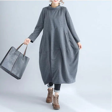 Long Sleeve Lantern Dress with Half High Neck Design