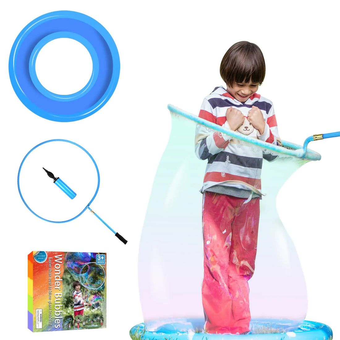 Kid in A Bubble Toy Giant Bubble Wand Big Bubbles Maker Toy for Kids and Adults Bubbles Hoop with Inflatable Dipping Pool Tray Fun Outdoor Toys Playtime Activity Summer Toy Bubble Show Party Game