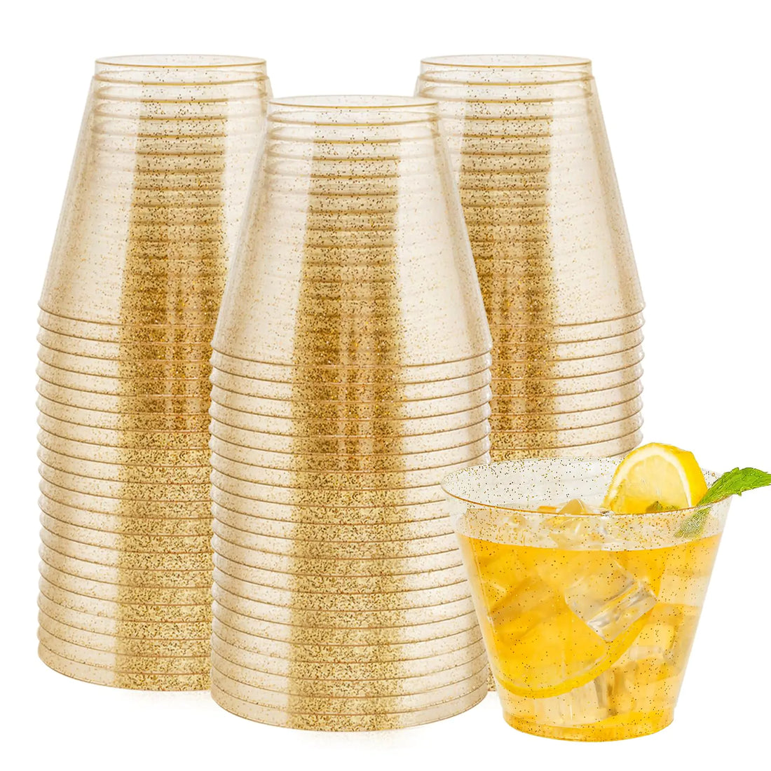 Hioasis 100PCS Gold Plastic Cups9Oz Gold Dust Plastic Cups Gold Glitter Disposable CupsHeavy Duty Gold Disposable Plasitc Cups for PartyWeddingReception