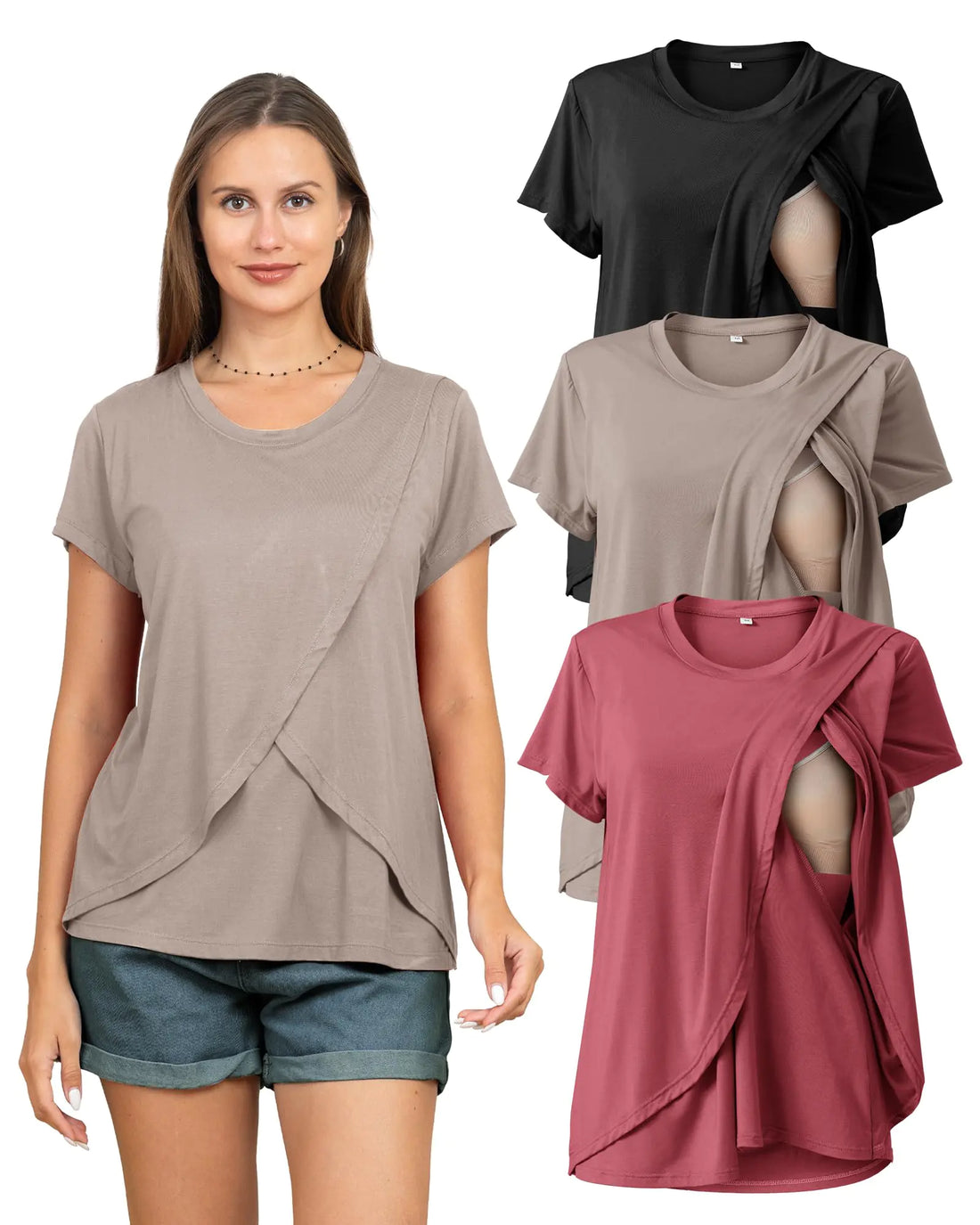 Rnxrbb 3 Pack Womens Nursing Tops for Breastfeeding Summer Short Sleeve T Shirts Postpartum Double Layer ClothesBlack&Beige&Deep Pink M