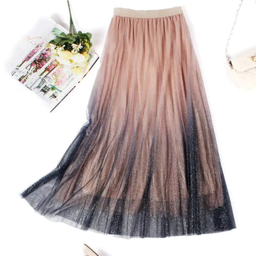 High-Waisted Pleated Skirt with Gradient Mesh Design