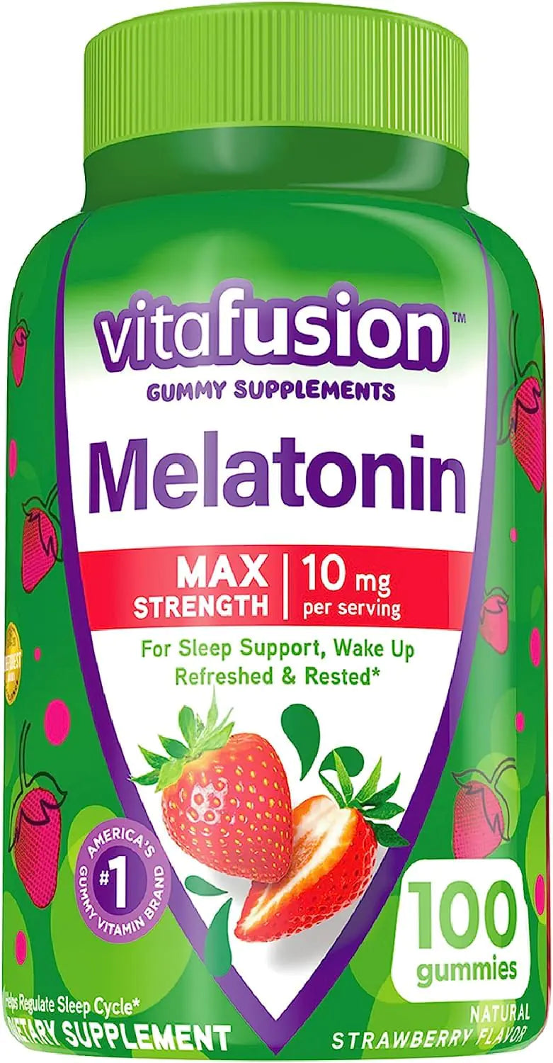 Vitafusion Max Strength Melatonin Gummy Supplements Strawberry Flavored 10 mg Melatonin Sleep Supplements America’s Number 1 Gummy Vitamin Brand 50 Day Supply 100 Count