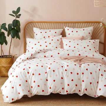 Erwinmu Heart Duvet Cover Set Queen SizeWhite Pink Red Heart Pattern Bedding Duvet Cover Girls with Zipper ClosureBreathable Microfiber Comforter Cover 90"x90" and 2 Pillowcases 20"x30"