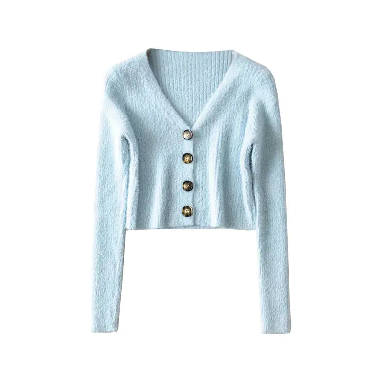 V-Neck Buttoned Long Sleeve Knitted Crop Sweater
