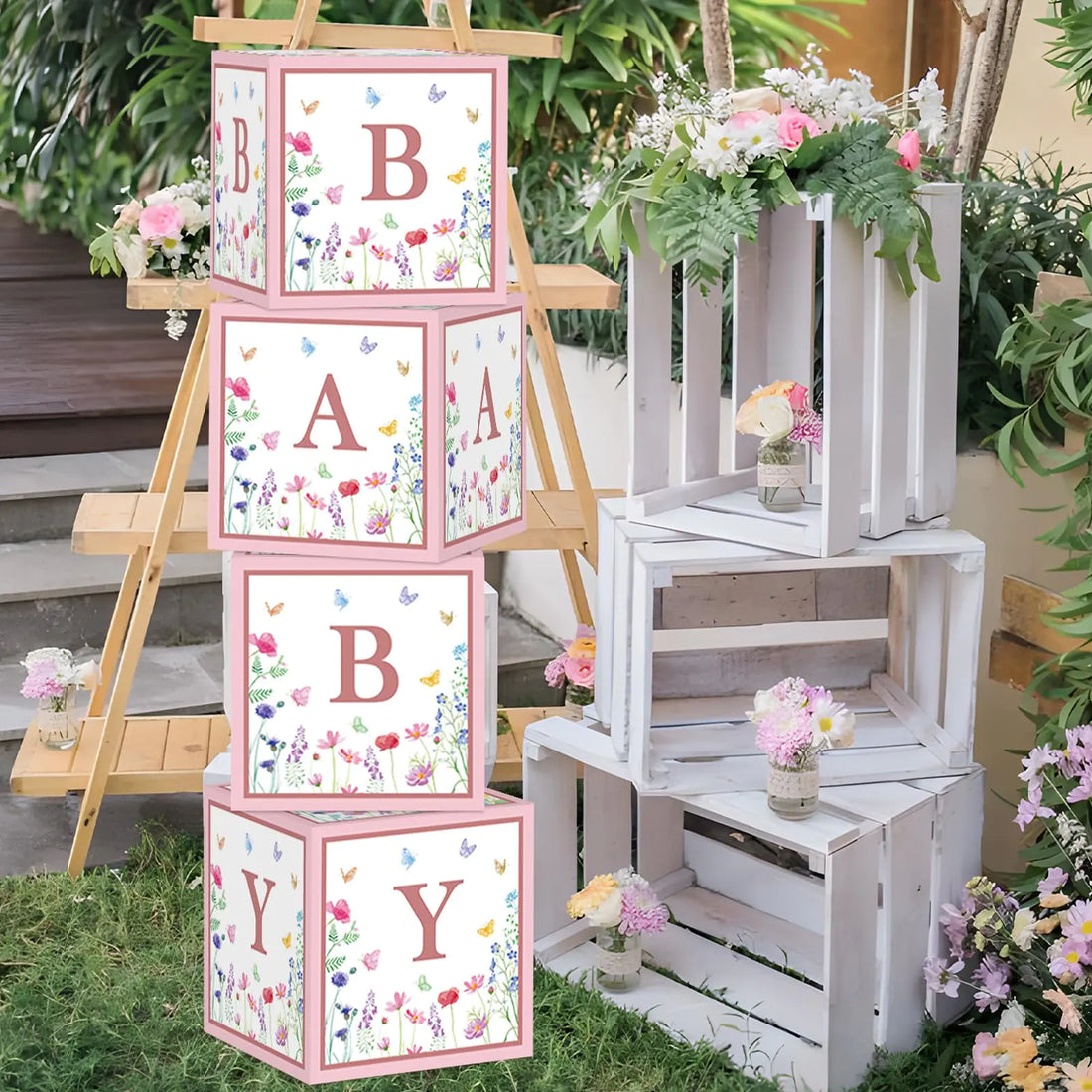 Wildflower Baby Shower Decorations for Girl Floral Baby Boxes with Letters for Baby Shower 4Pcs Baby Balloon Boxes Baby Blocks for Baby Shower Gender Reveal Birthday Party Backdrop Centerpieces Pink