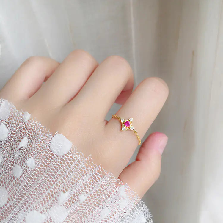 S925 Silver Adjustable Chain Ring with Emerald and Ruby