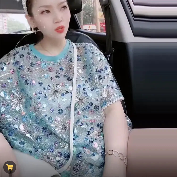 European Summer Loose Sequin Short Sleeve T-Shirt