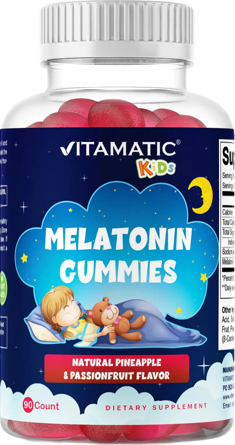 Vitamatic Sugar Free Kids Melatonin 1mg 90 Gummies Pineapple & passionfruit Flavored Gummies 90 Days Supply